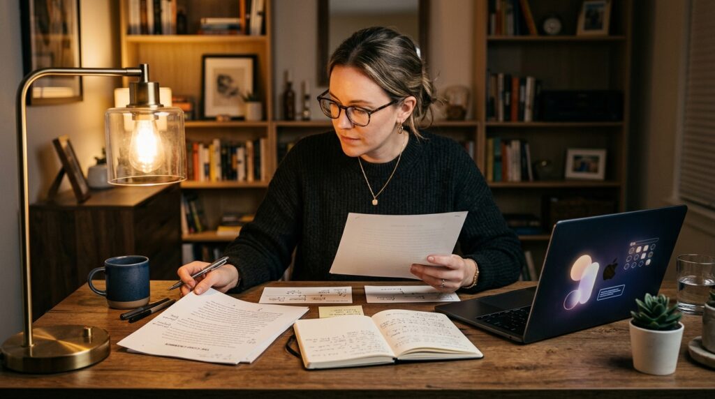 Author using a story bible and manuscript notes to maintain AI book consistency