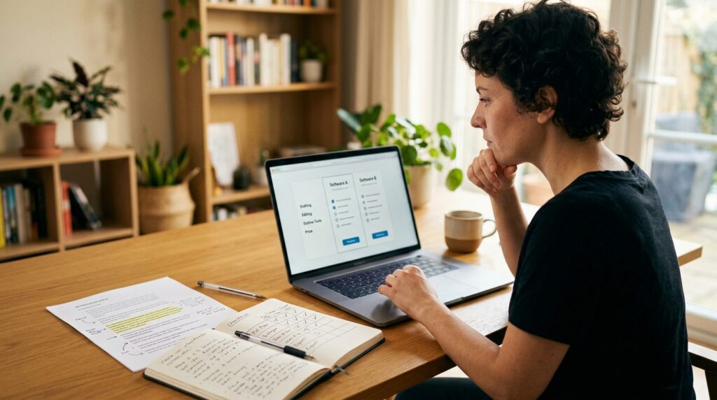 Author comparing AI book creation software features before buying