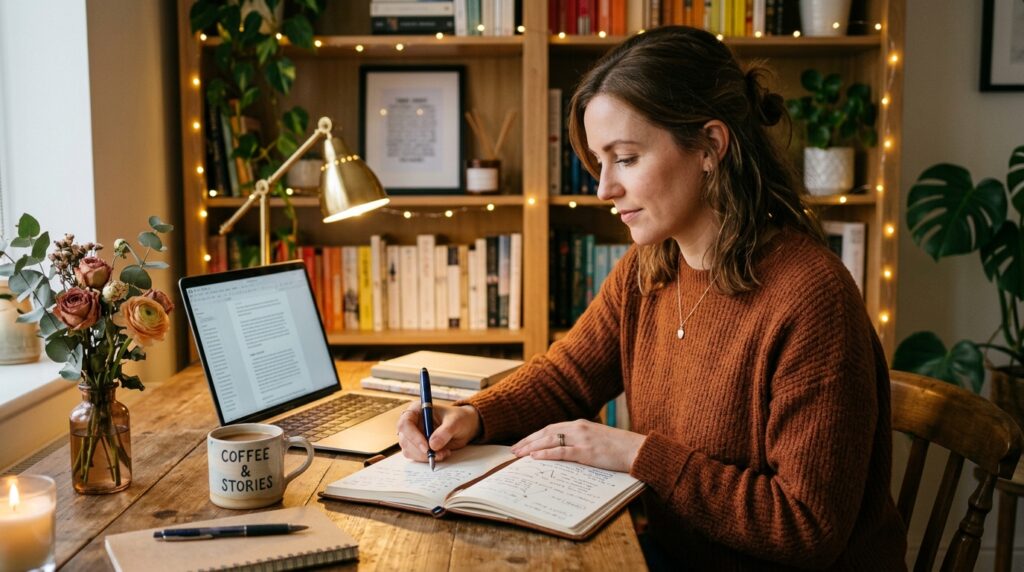 Romance writer using AI tools to plan a novel at a desk