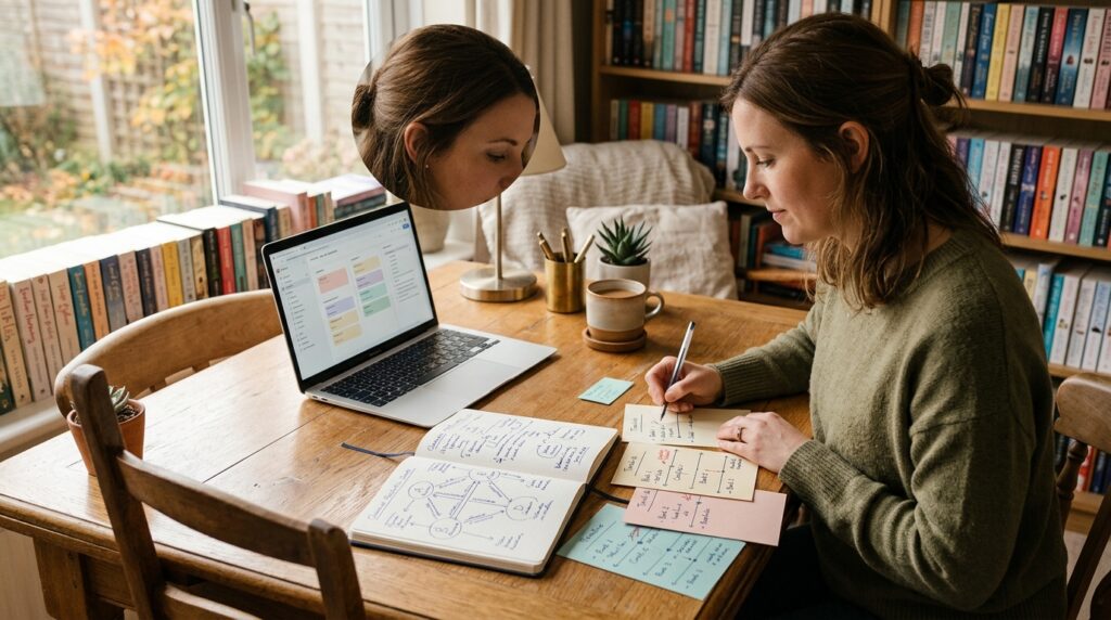 Romance author using AI-assisted notes to plan a connected book series