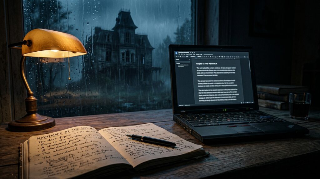 Notebook and laptop used to create horror stories with AI in a dark atmospheric setting