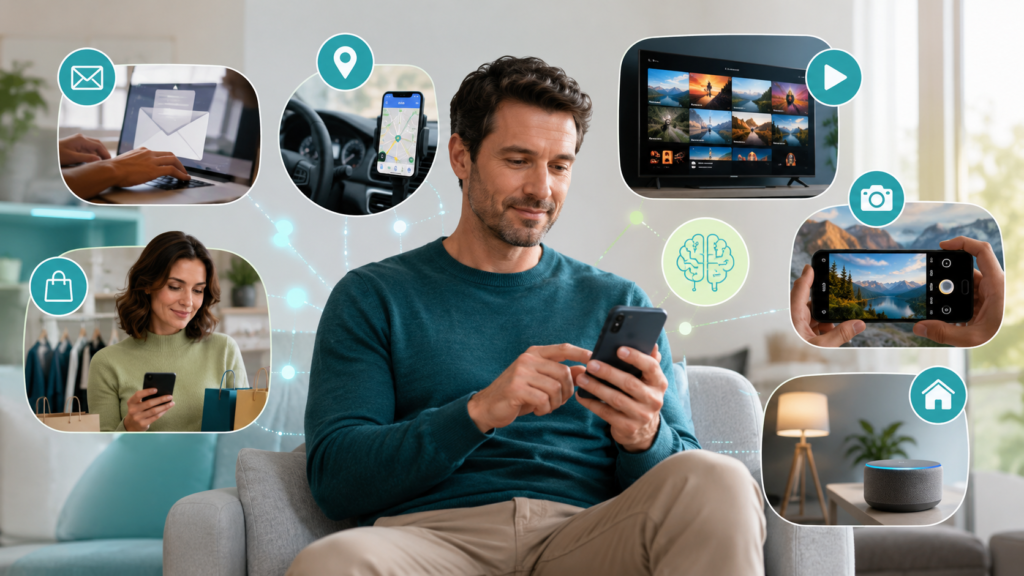 Everyday examples of artificial intelligence in phones, maps, email, banking, shopping, and smart homes
