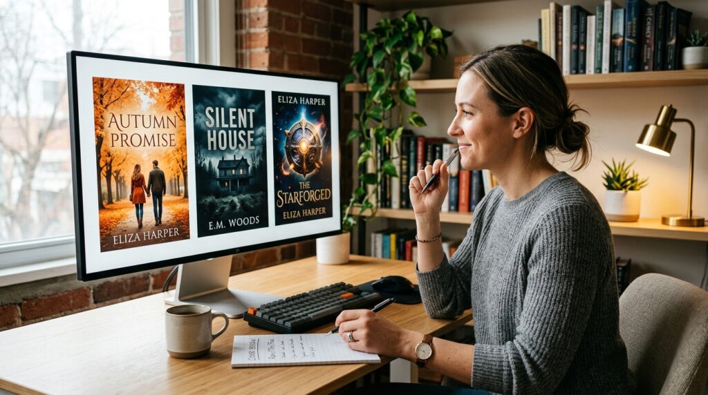 Author reviewing AI book cover design concepts for different genres