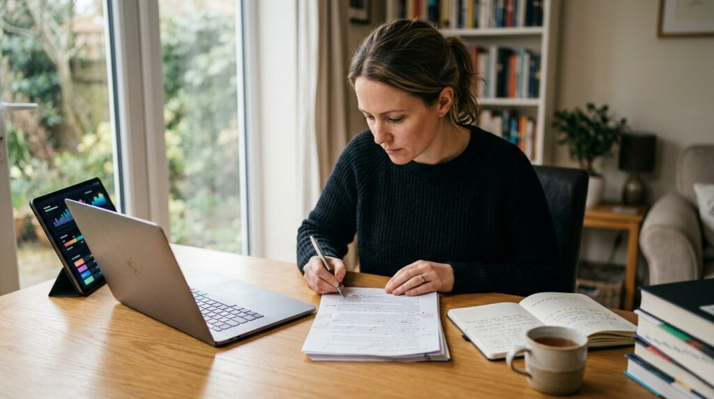 Author reviewing and editing an AI-generated book manuscript before publishing