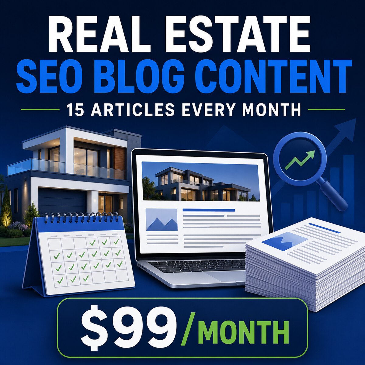 SEO blog content service for real estate agents with 15 articles every month for $99