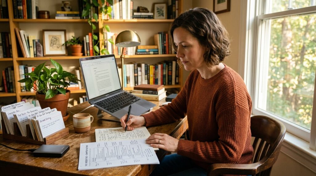 Author reviewing an AI-assisted book draft with notes and chapter outline
