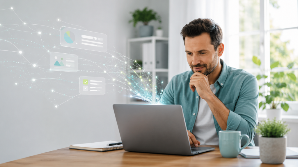 Small-business owner learning what artificial intelligence is on a laptop